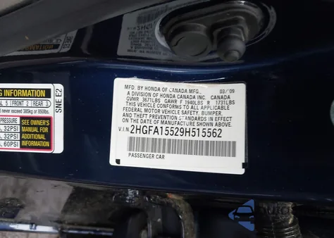 2009 Honda Civic Lx z USA, uszkodzony, nr VIN 2HGFA15529H515562